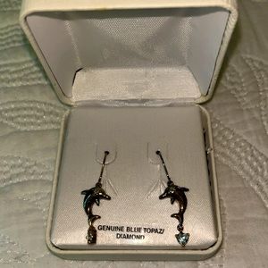 NIB Dolphin Earrings with Diamond and Blue Topaz